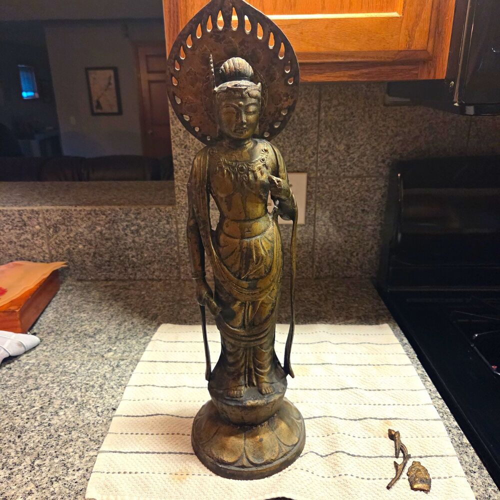 Buddhist Standing Figure Statue w/ Halo Backplate & Lotus Base, Metal Finish